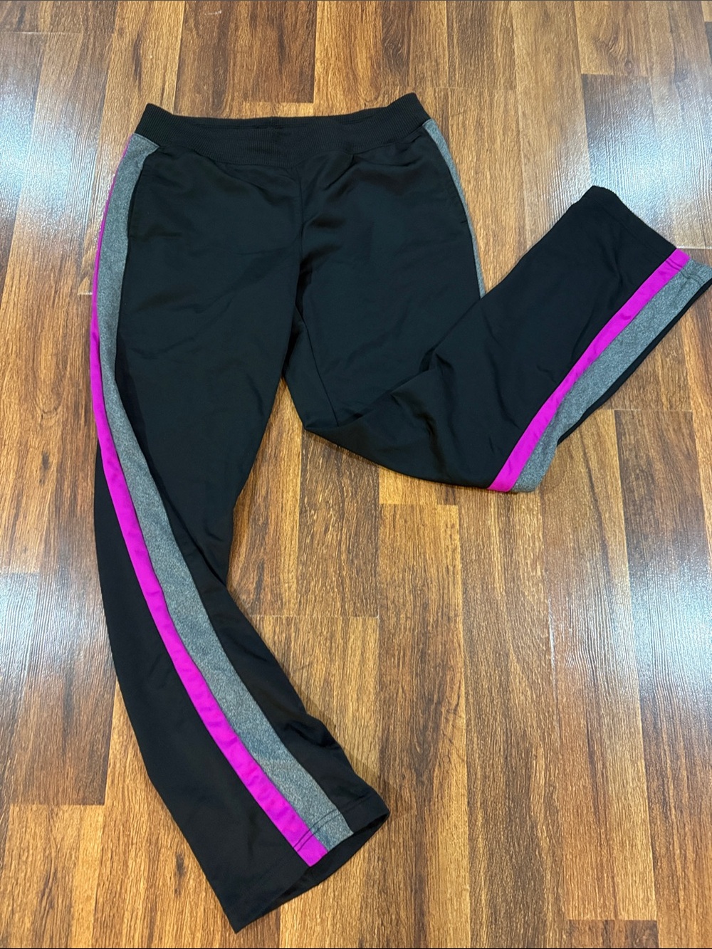 Women’s Black Athletic Pants with Gray and Magenta Side Stripes
